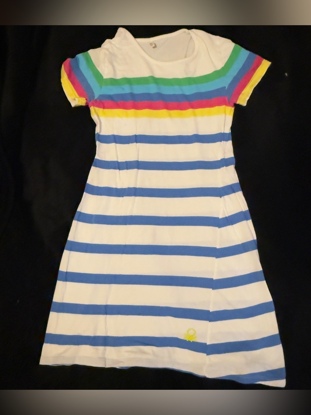 United Colors Of Benetton White Dress with Blue Stripes and Rainbow Trim